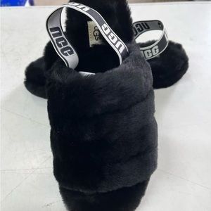 UGG Fluff Yeah Slide Black Fur Slippers Womens Size 9 USA  💋NEW